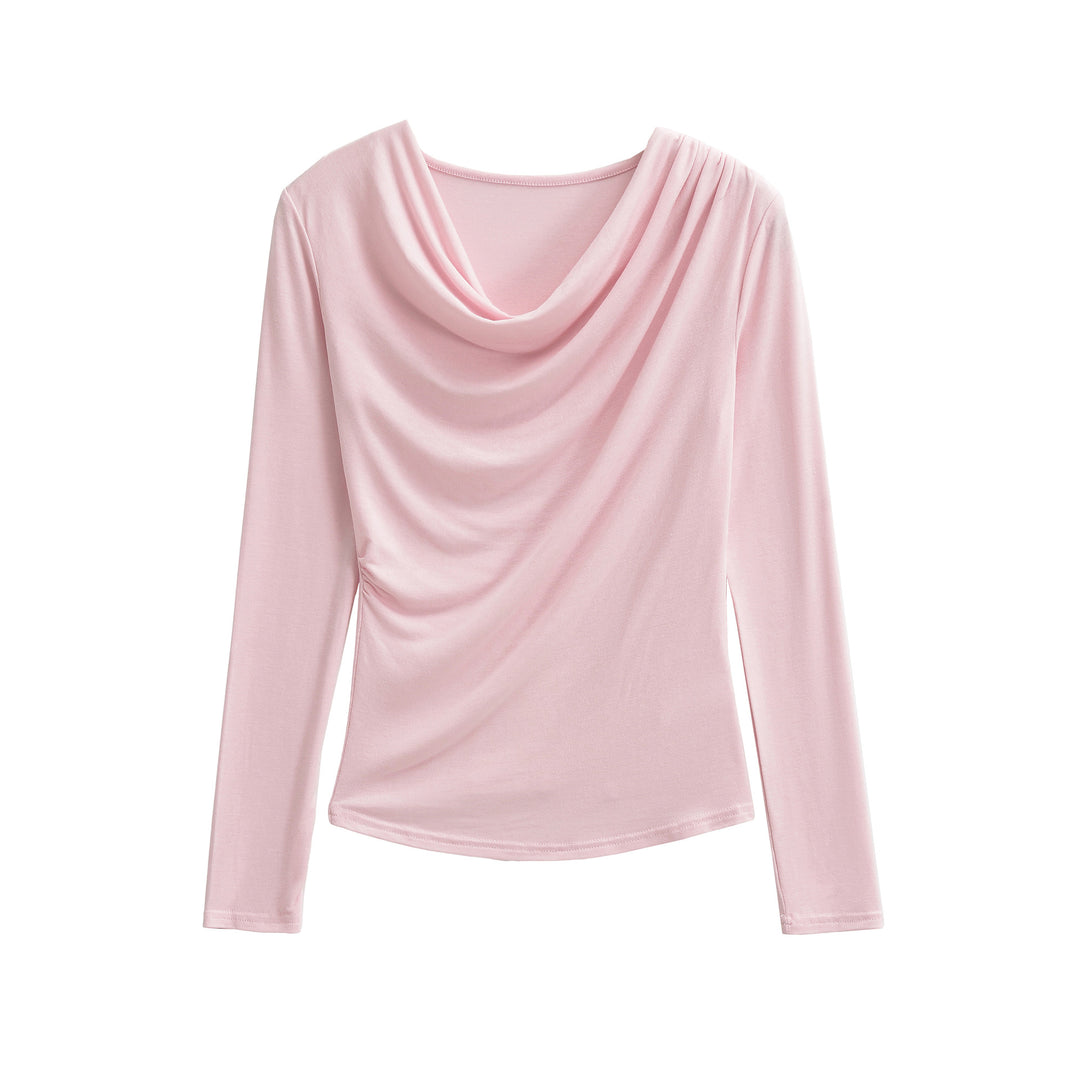 Women's Waterfall Collar Long Sleeve Shirt with Draping and Tailored Wrap Look Mune Fashion