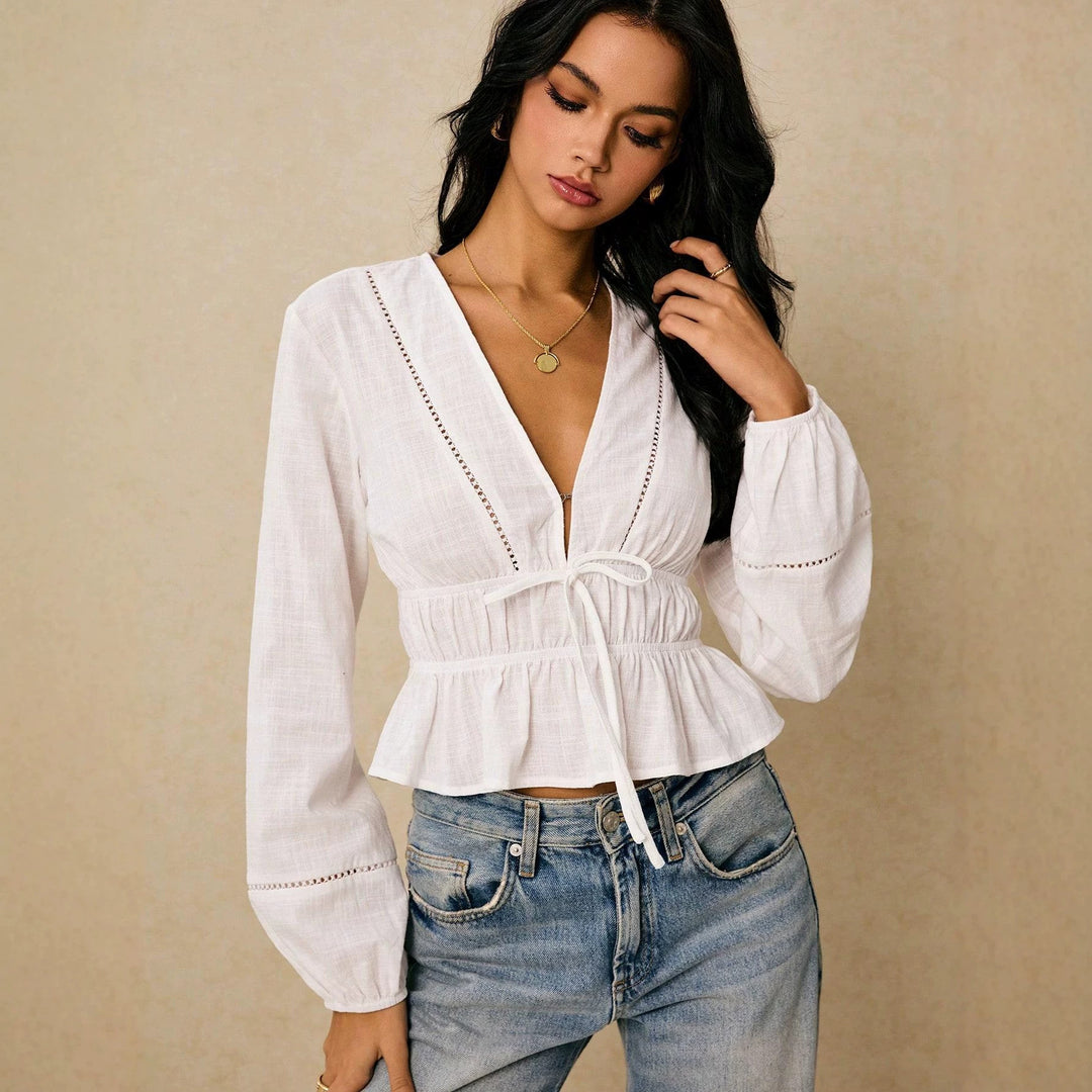 Women Deep Cut Blouse with Drawstring Waist, Ruffled Hem and Decorative Hole Embroidery Mune Fashion