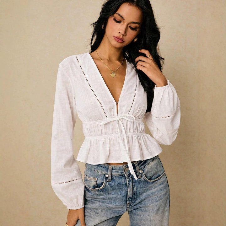 Women Deep Cut Blouse with Drawstring Waist, Ruffled Hem and Decorative Hole Embroidery Mune Fashion