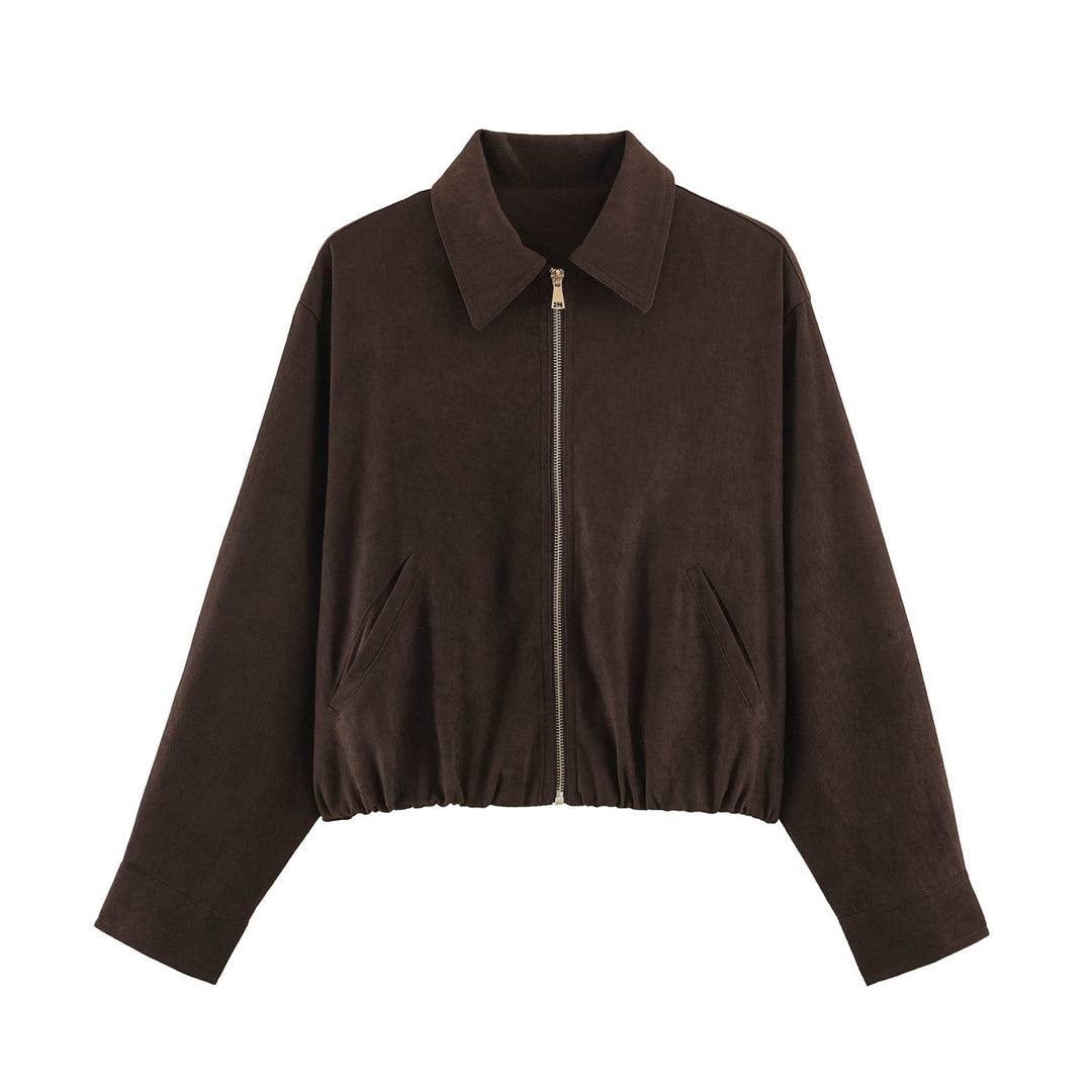 Women's Short Cut Bomber Jacket with Zipper, Shirt Collar and Elastic Hem Mune Fashion