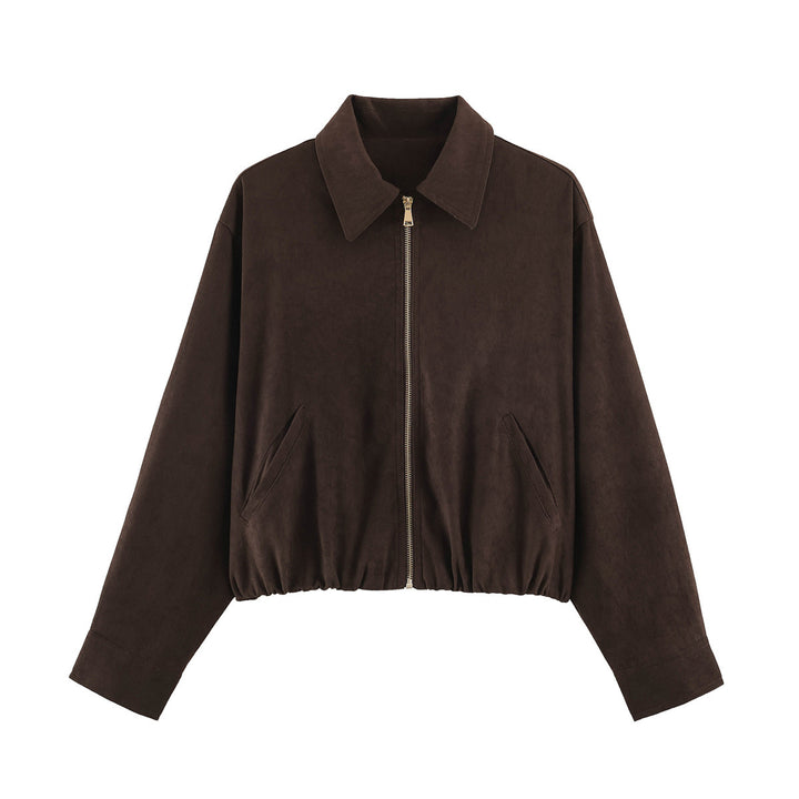 Women's Short Cut Bomber Jacket with Zipper, Shirt Collar and Elastic Hem Mune Fashion