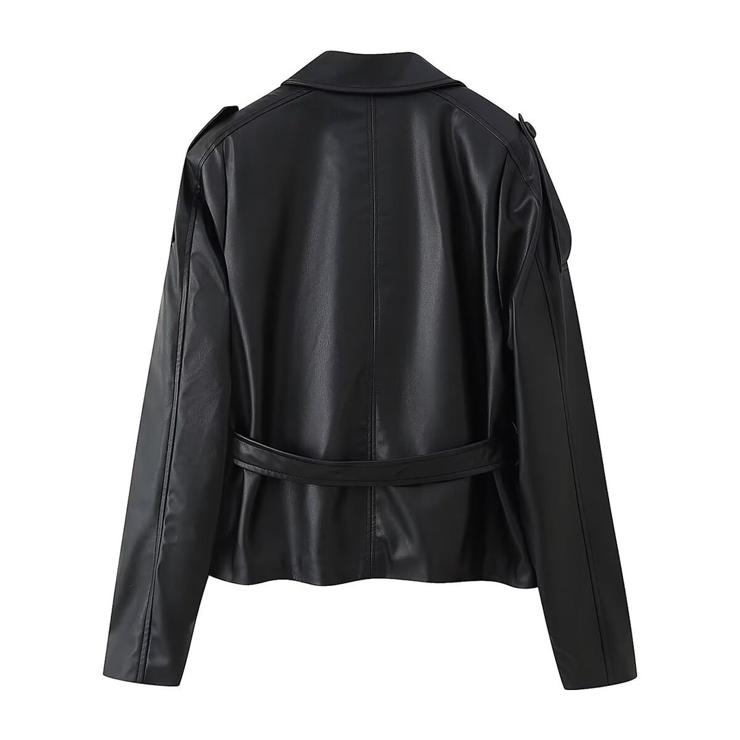 Women's Short Tailored Faux Leather Jacket with Ties and Shirt Collar Mune Fashion