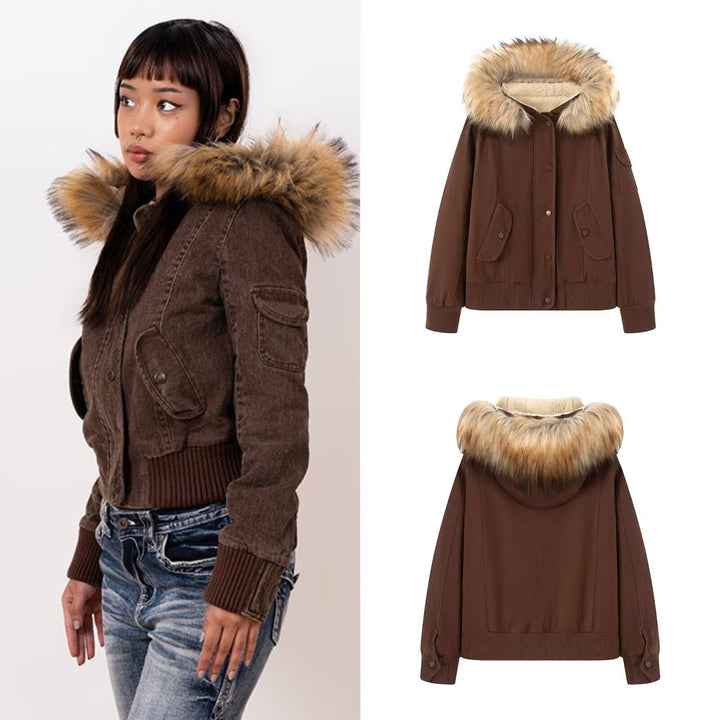 Women's bomber parka with hood, warm teddy lining and removable faux fur collar Mune Fashion