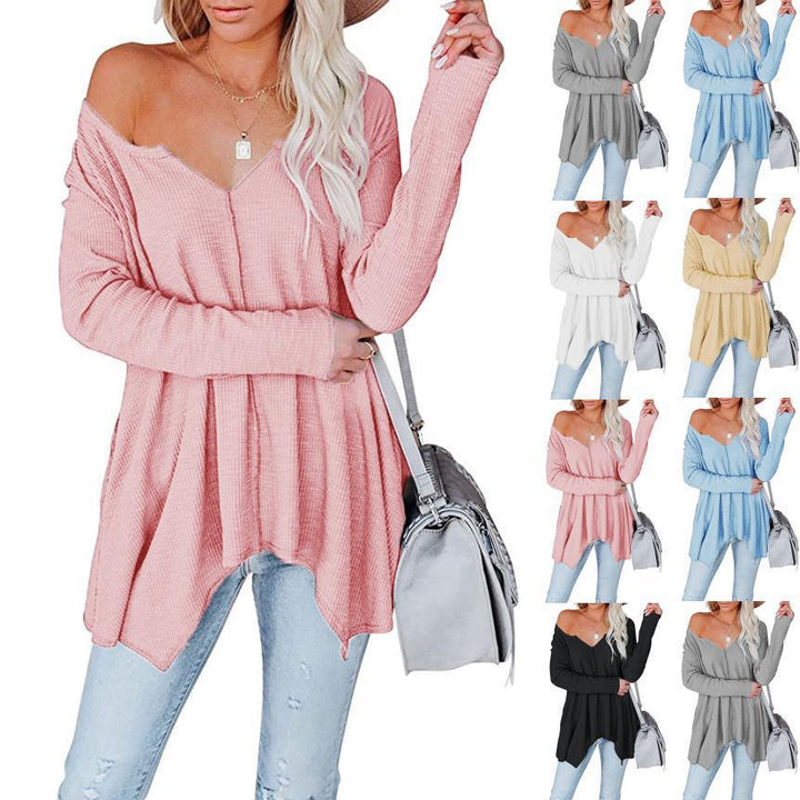 Women's Casual Waffle Knit Tunic Top with V-Neck, Off-Shoulder and Asymmetrical Hem Mune Fashion