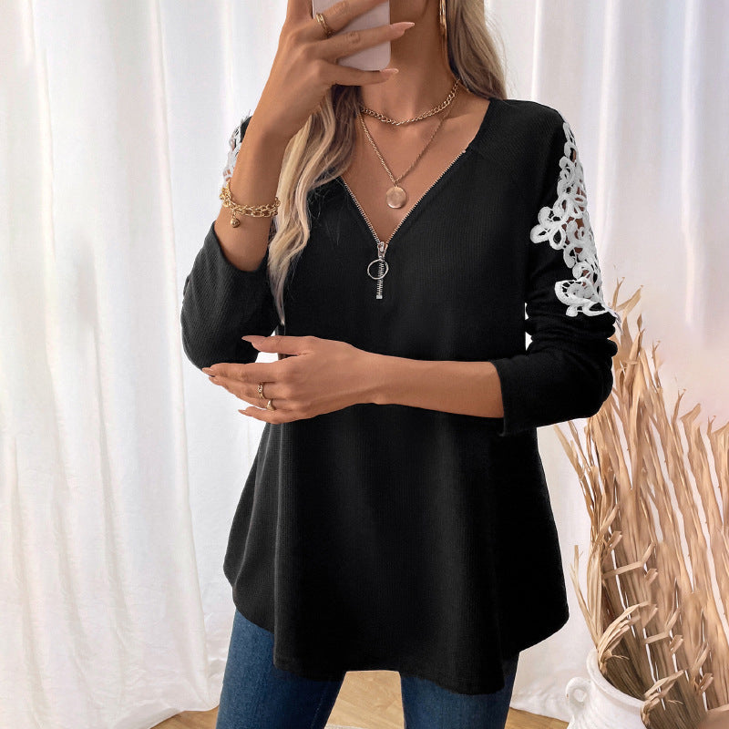 Women's Casual Long Sleeve Tunic Shirt with V-Zipper and Lace Application Mune Fashion