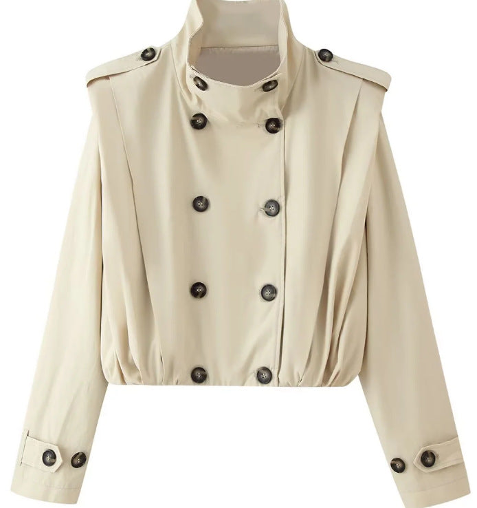 Women's Cropped Double-Breasted Trench Jacket with Stand Collar, Epaulettes, and Elastic Hem Mune Fashion