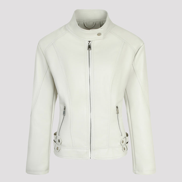 Women Fashionable Faux Leather Jacket with Stand-up Collar Mune Fashion