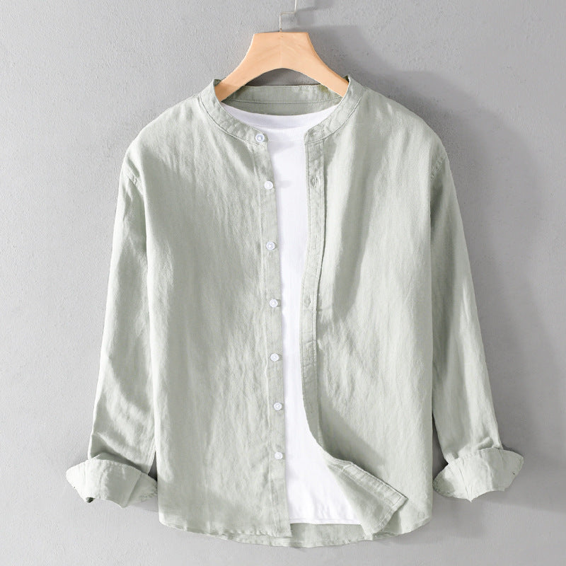 Men's Lightweight Linen Blend Stand Collar Shirt in Relaxed Fit with Full Button Placket Mune Fashion