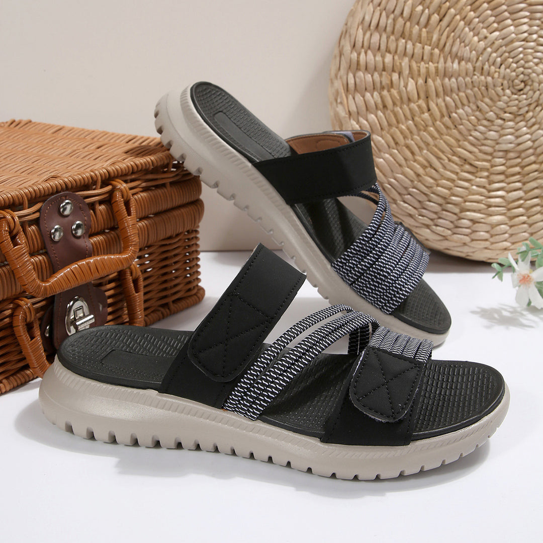 Damen Komfort-Pantolette mit verstellbaren Klettriemen, elastischen Zierbändern und stoßdämpfender Profilsohle Mune Fashion