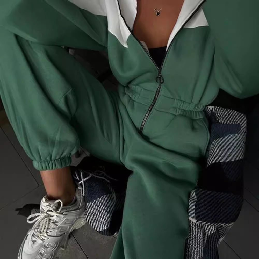 Women's two-piece crop zip hoodie and high-waist relaxed pants with wide leg Mune Fashion