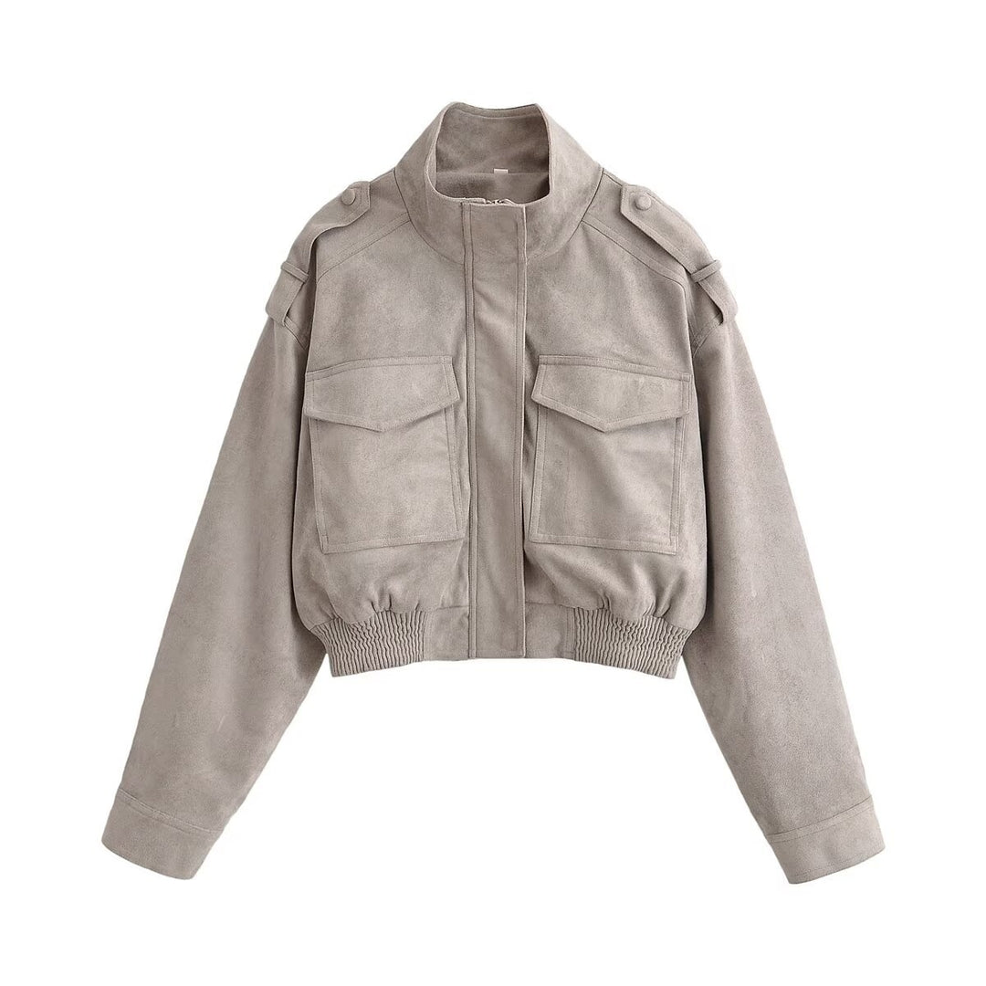 Ladies short blouson in field style made of suede-like material with stand-up collar, shoulder straps and wide ribbed waistband Mune Fashion