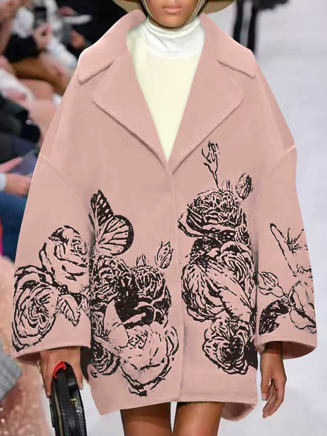 Ladies Oversized Wool Blend Coat with Floral Print and Embroidery Look Mune Fashion