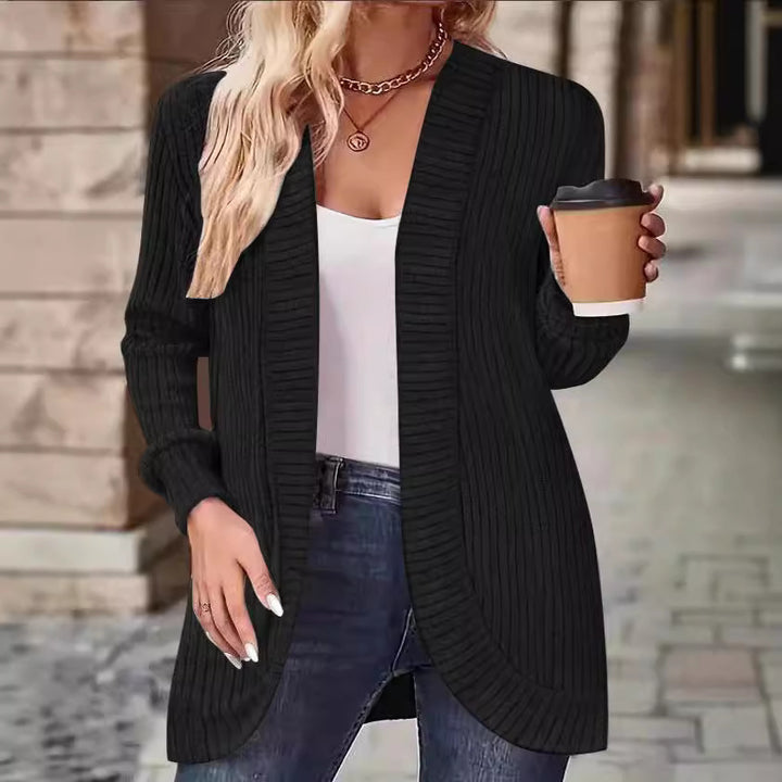 Women Long Open Ribbed Knit Cardigan with Rounded Hem Drune
