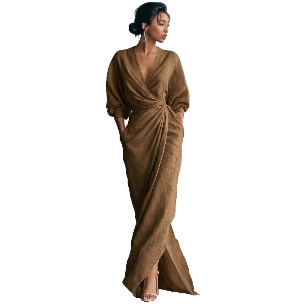 Women's wrap maxi dress made of linen blend with deep V-neck and balloon sleeves Mune Fashion