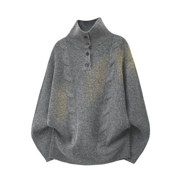 Women Oversize Cable Knit Sweater with High Roll Neck and Button Placket Mune Fashion