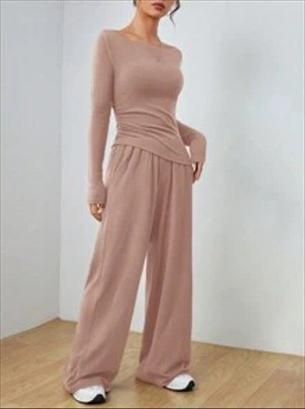 Women's Casual Two-Piece Lounge Set with Boat Neck, Tailored Draping and Wide Palazzo Pants Mune Fashion