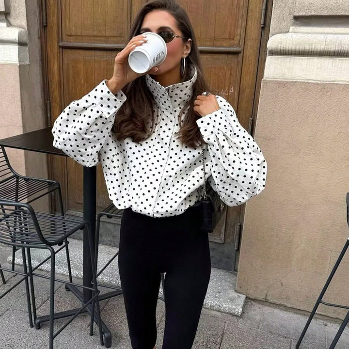 Women Polka-Dot Stand Collar Blouse with Oversized Balloon Sleeves Mune Fashion