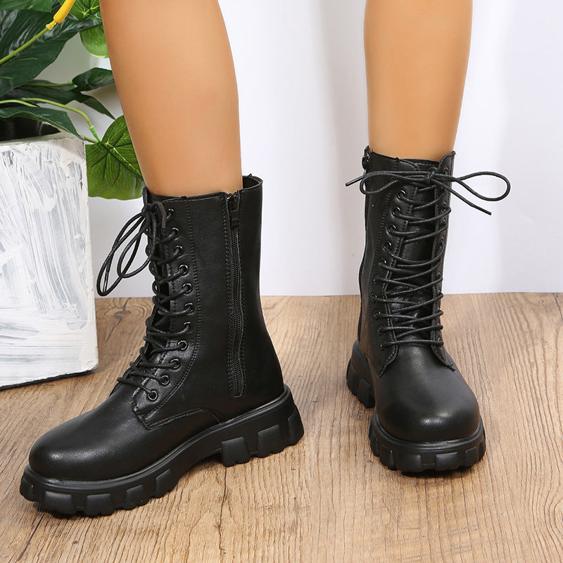 Women’s Platform Biker Boots with Side Zipper, Lacing and Distinctive Profile Sole Mune Fashion