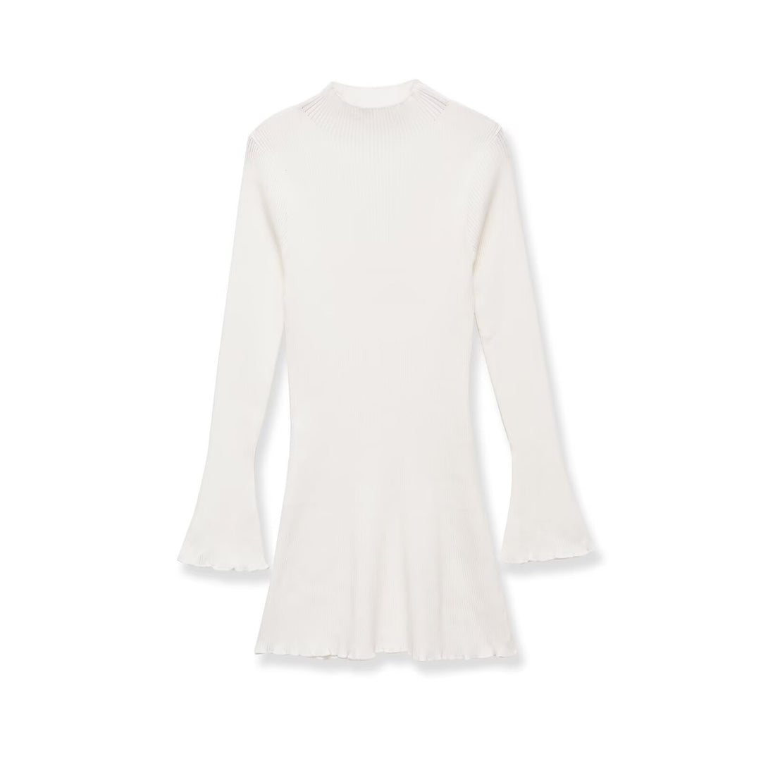 Women's fine knit mini dress with high collar, flared hem, and bell sleeves Mune Fashion