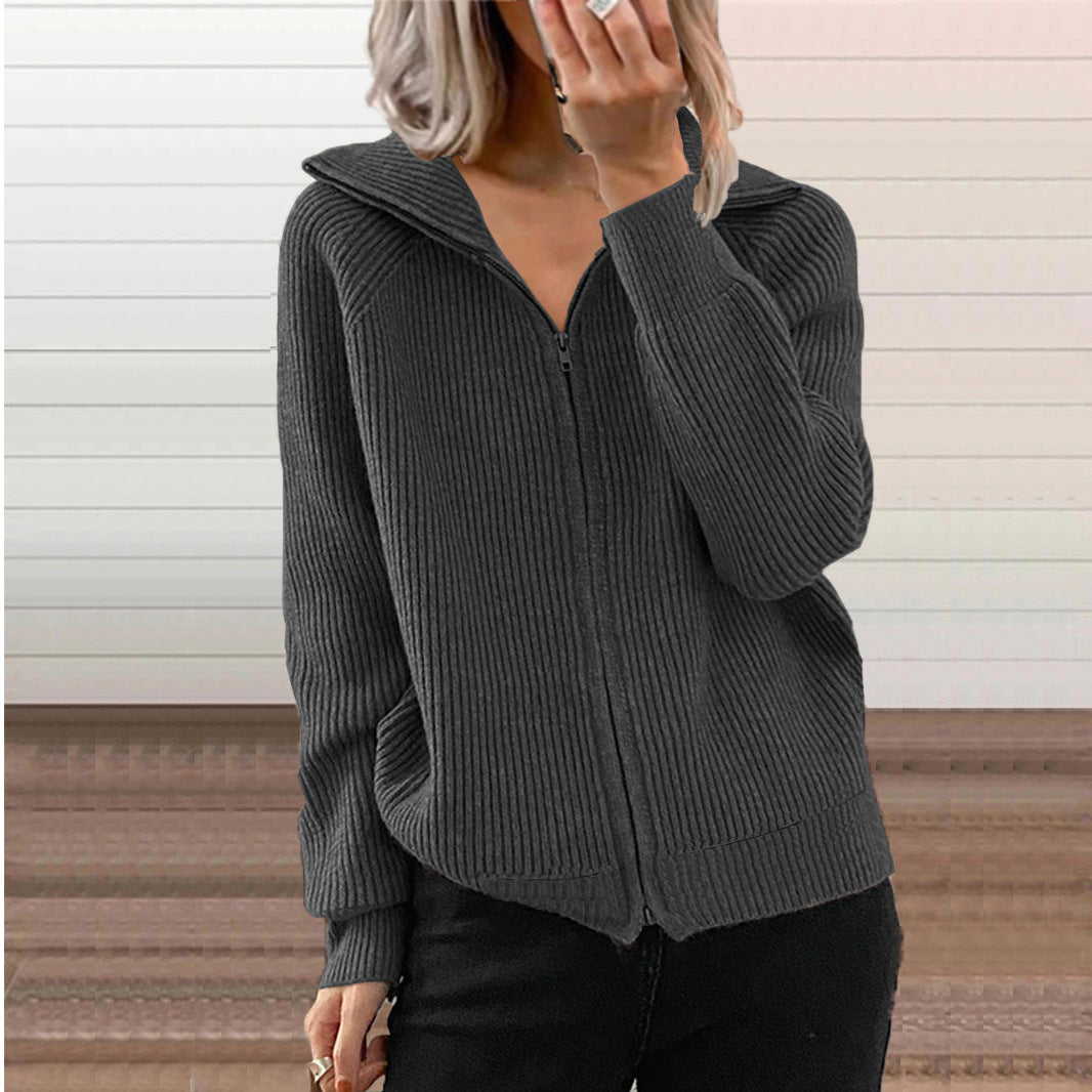 Women Ribbed Hooded Cardigan with Zipper and Patch Pockets Drune