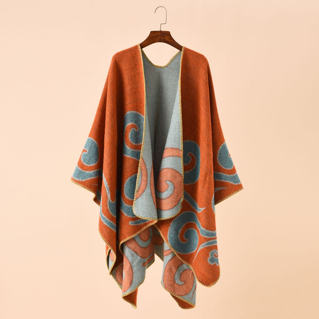 Women's Wool Blend Cape Poncho in Ruana Cut with Ornamental Intarsia Structure Mune Fashion