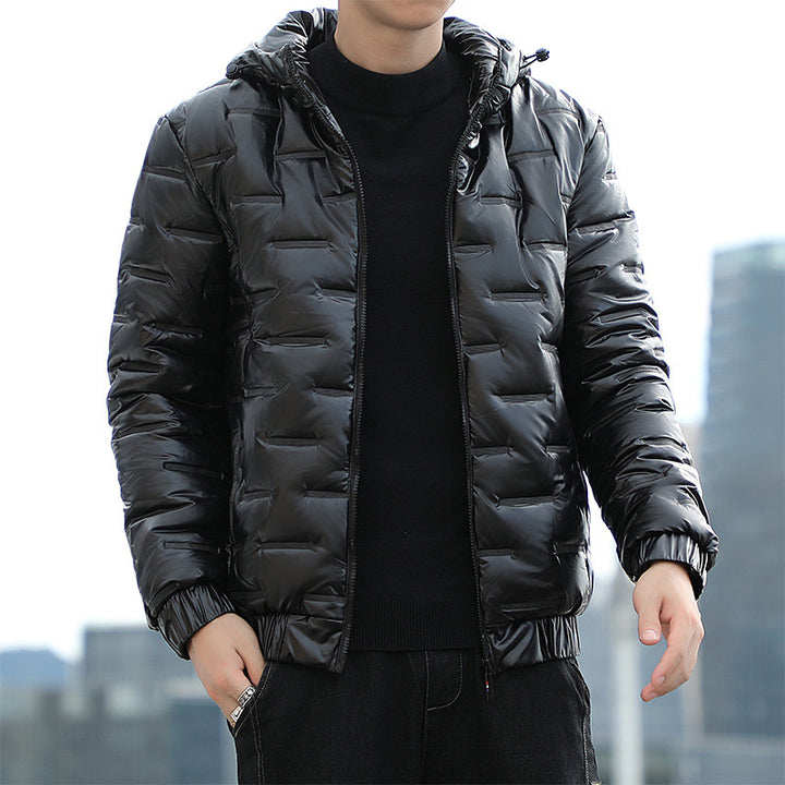 Men's Lightweight Quilted Hooded Puffer Jacket with Shiny Surface and Elastic Cuffs Mune Fashion