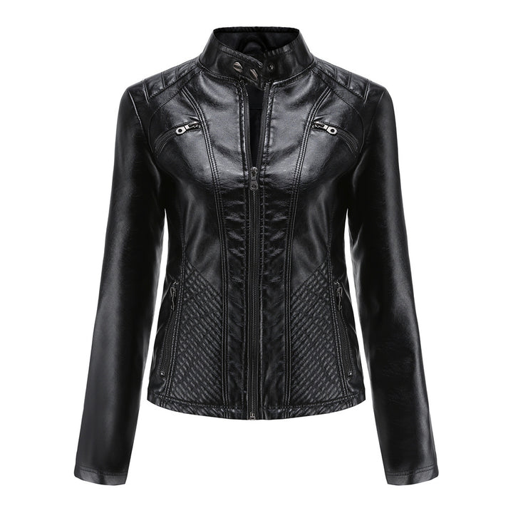 Women tailored biker jacket made of faux leather with quilted panels and stand-up collar Mune Fashion
