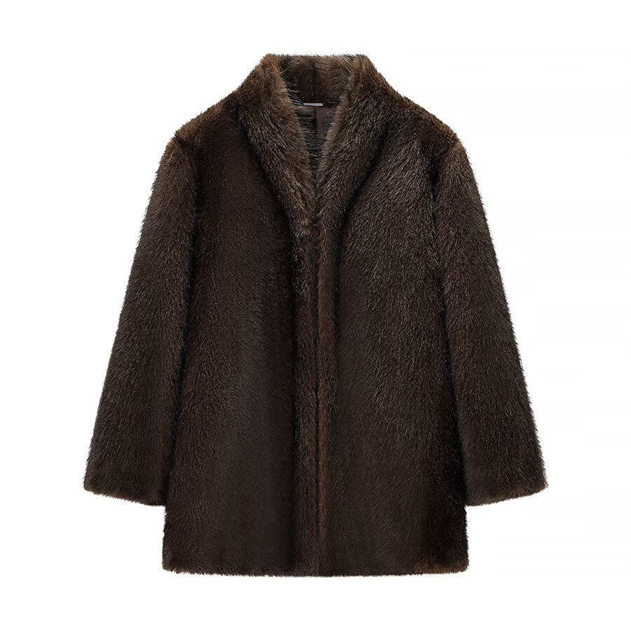 Women's Short Cut Faux Fur Coat with Shawl Collar and Straight Cut Mune Fashion