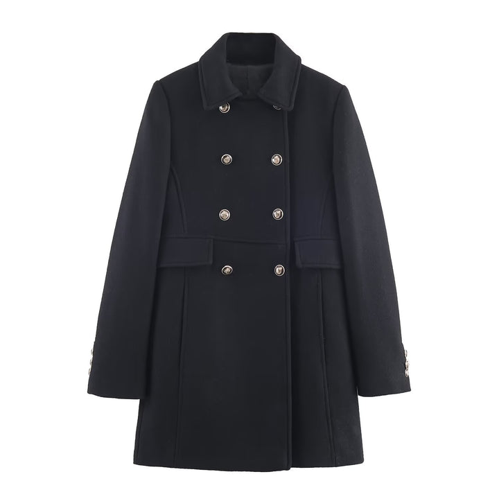 Women's Double-Breasted Wool Blend Coat with Tailored Silhouette and Decorative Buttons Mune Fashion