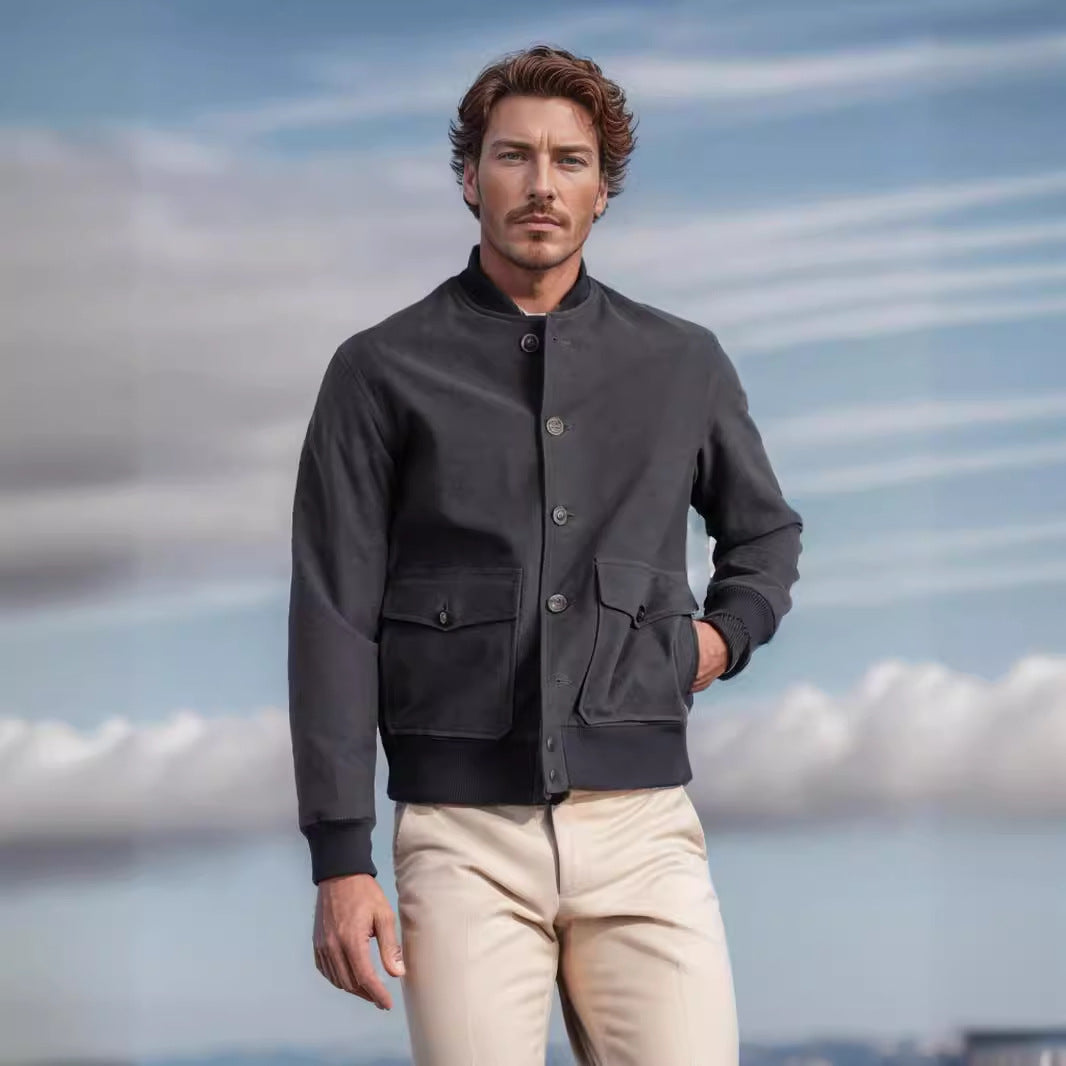 Men's bomber-style short jacket with button closure and flap pockets Mune Fashion