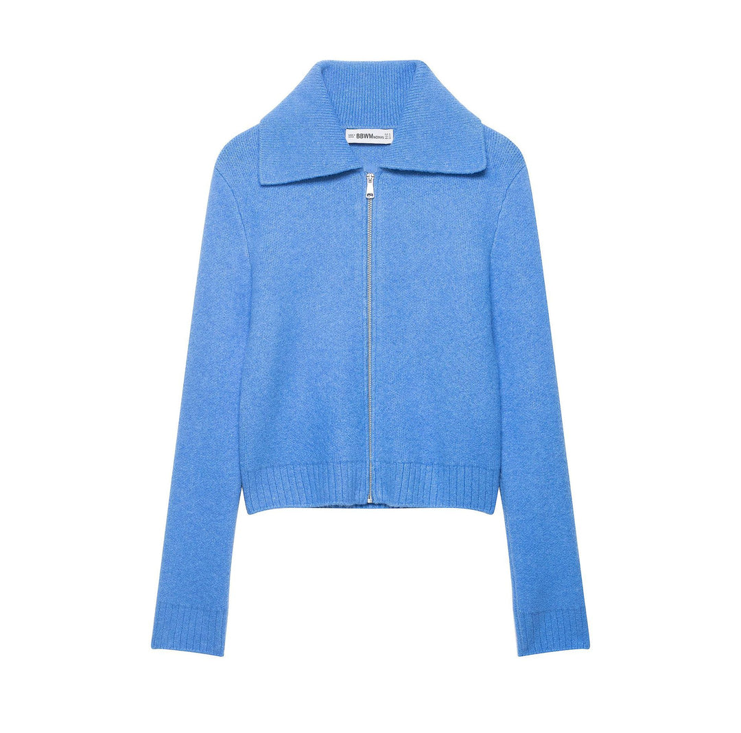 Women's chunky knitted short jacket with zipper, wide collar and ribbed hem Mune Fashion