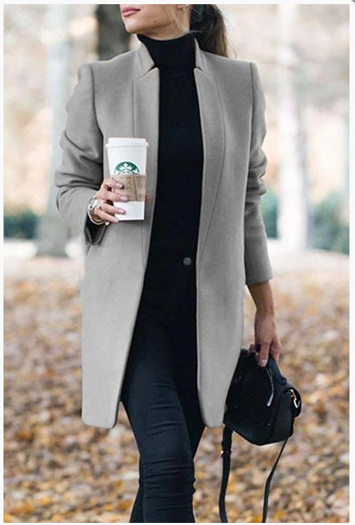 Women's tailored wool coat with stand-up collar and concealed button placket Mune Fashion