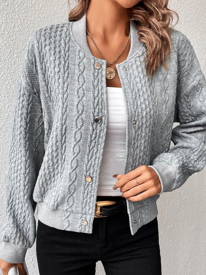 Women's Structured Knit Bomber Jacket with Cable Pattern and Snap Buttons Drune