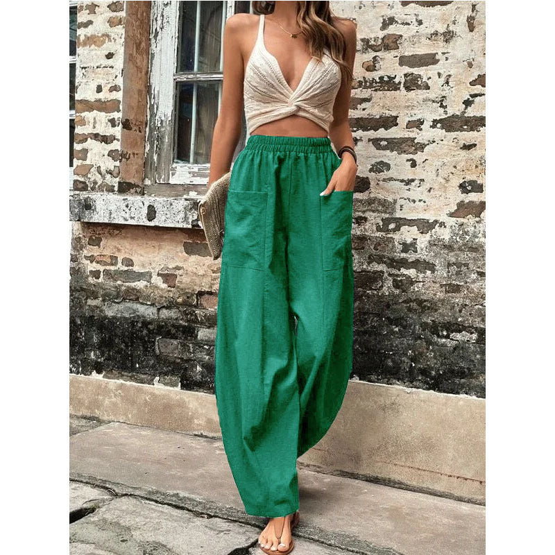 Women Wide Linen Trousers with Elastic Waistband, Patch Pockets and Casual Harem Cut Mune Fashion