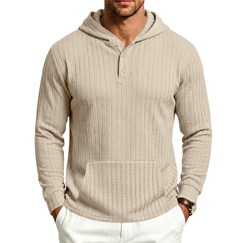 Men's Structured Hooded Henley Sweater with Kangaroo Pocket and Cable Knit Mune Fashion