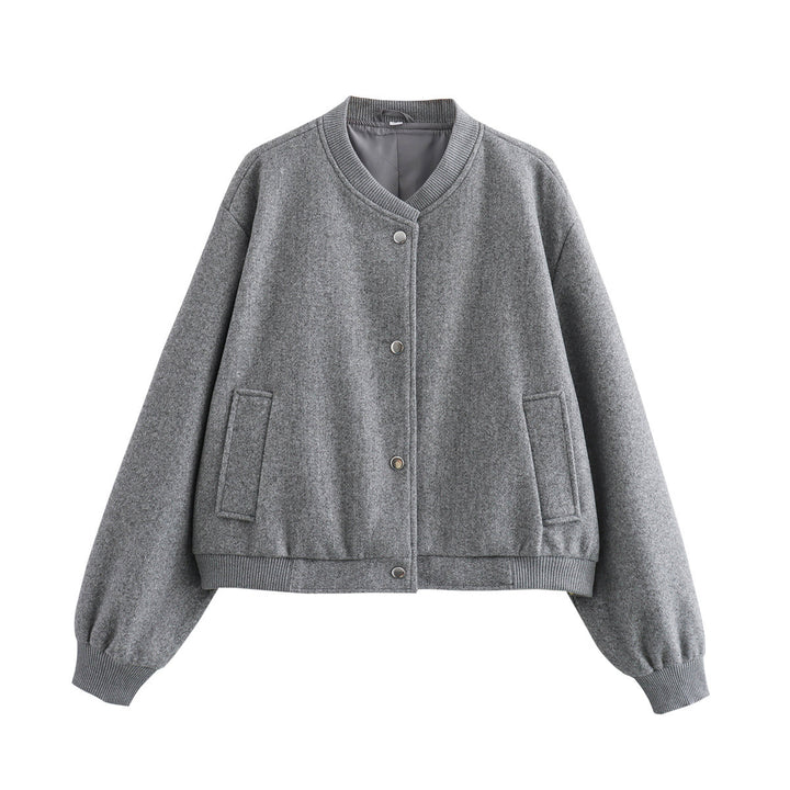 Women's cropped bomber jacket in boxy cut with snap button placket and side pockets Mune Fashion