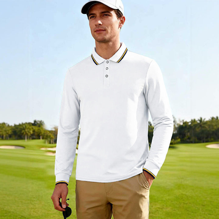 Men's Long-Sleeved Performance Golf Polo Shirt with Contrast Collar Mune Fashion