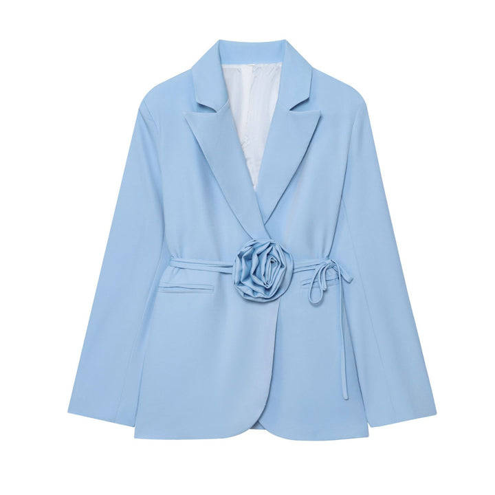 Women's tailored blazer with decorative rose appliqué and tie belt Mune Fashion