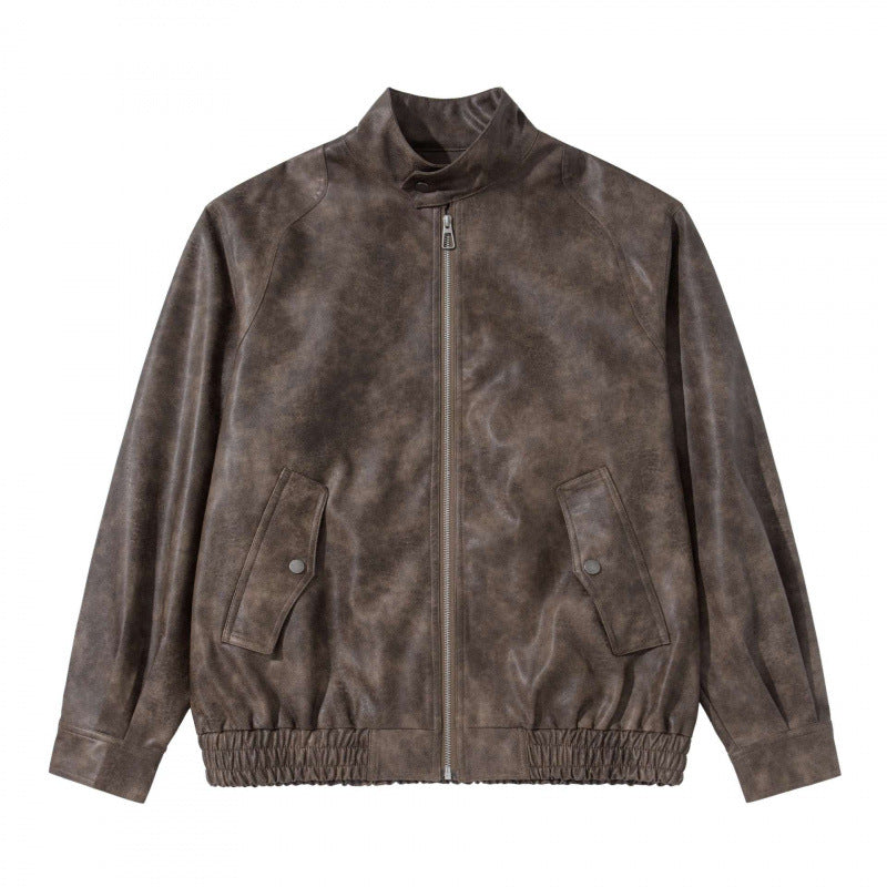 Men's short jacket made of suede-look material with stand-up collar, raglan sleeves, and elastic hem Mune Fashion