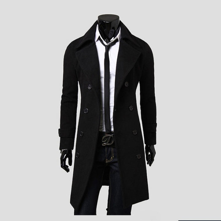 Men's tailored double-breasted trench coat made of wool blend with classic lapels and back vent Mune Fashion