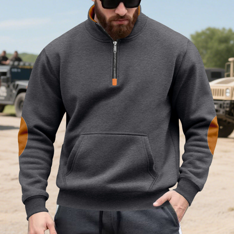 Men's half-zip sweatshirt with stand-up collar, kangaroo pocket, and contrasting elbow patches Mune Fashion