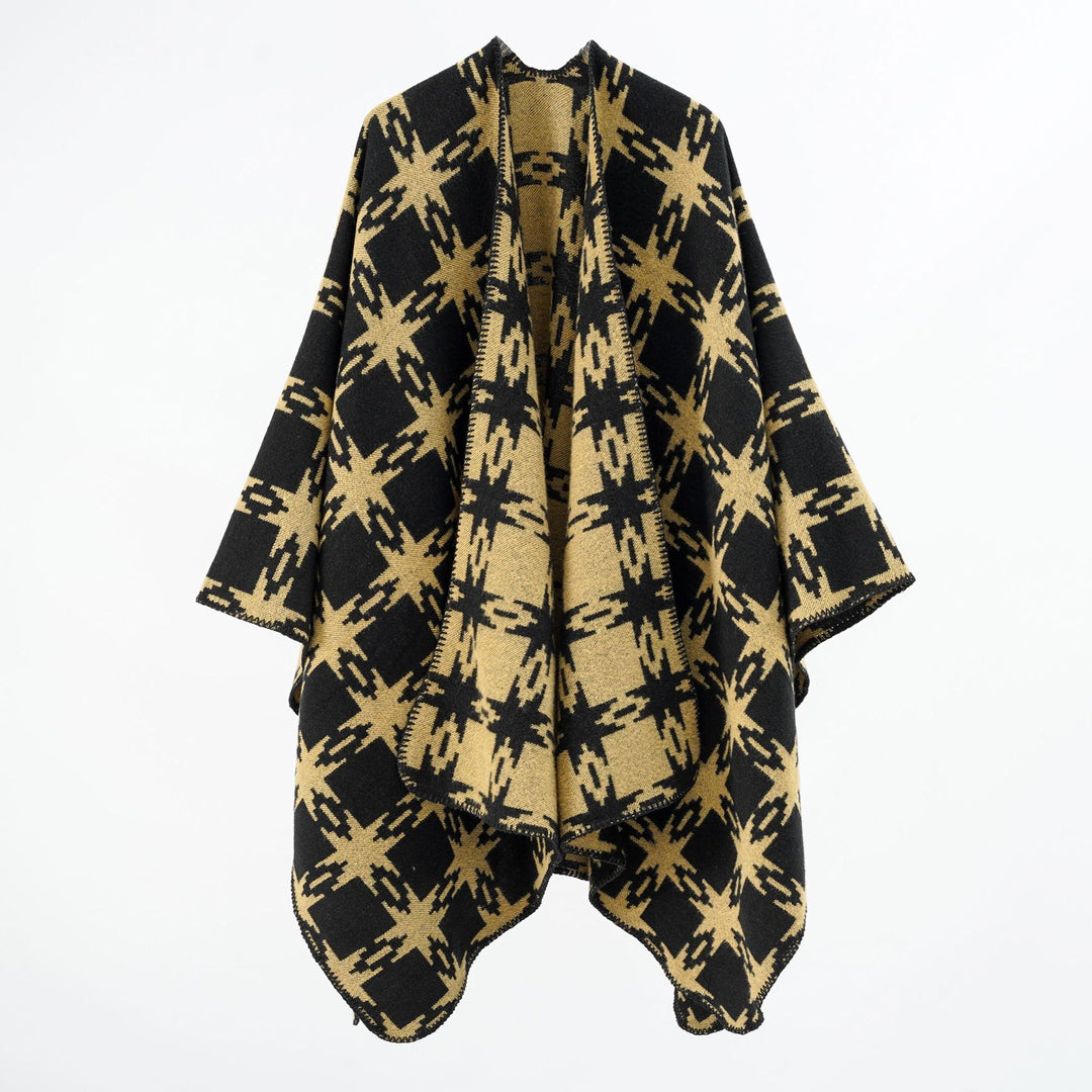 Women's Oversized Jacquard Cape with Star Motif and Contrasting Overlock Edge Mune Fashion