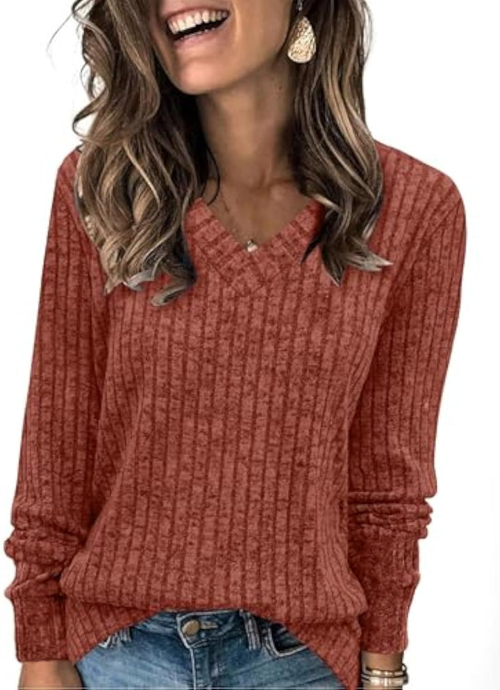 Women's ribbed V-neck fine-knit pullover with longer sleeves Drune