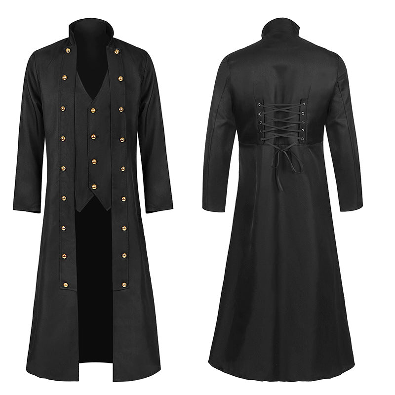 Men's fitted frock coat with integrated vest, adjustable waist lacing at the back, and double-row decorative buttons Mune Fashion