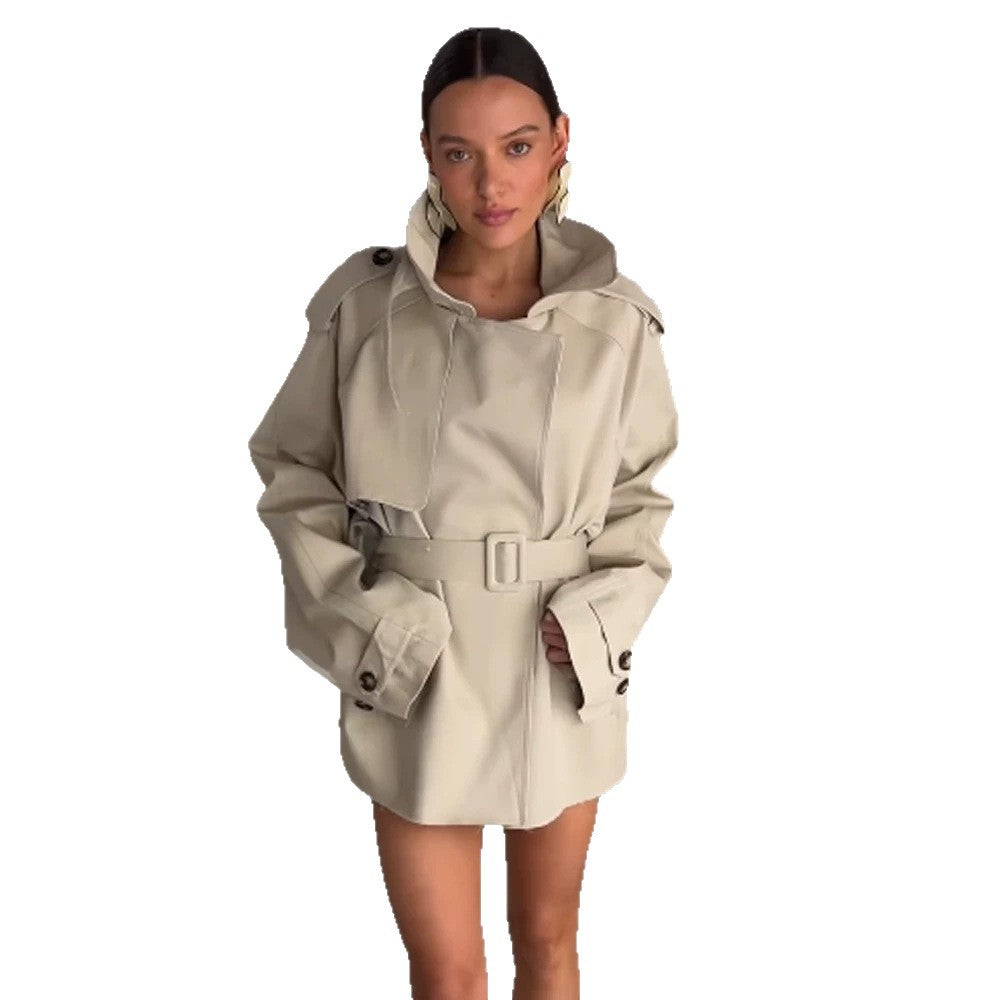 Women's Sculptural Short Trench with Oversized Shawl Collar and Fitted Belt Mune Fashion