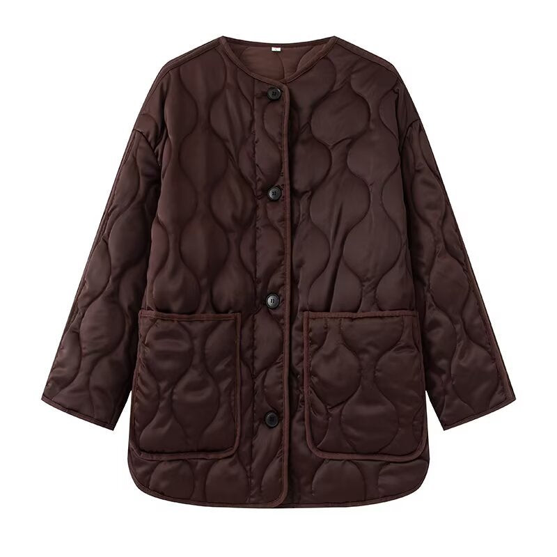 Women Longline Quilted Jacket with Round Neck, Button Placket and Patch Pockets Mune Fashion