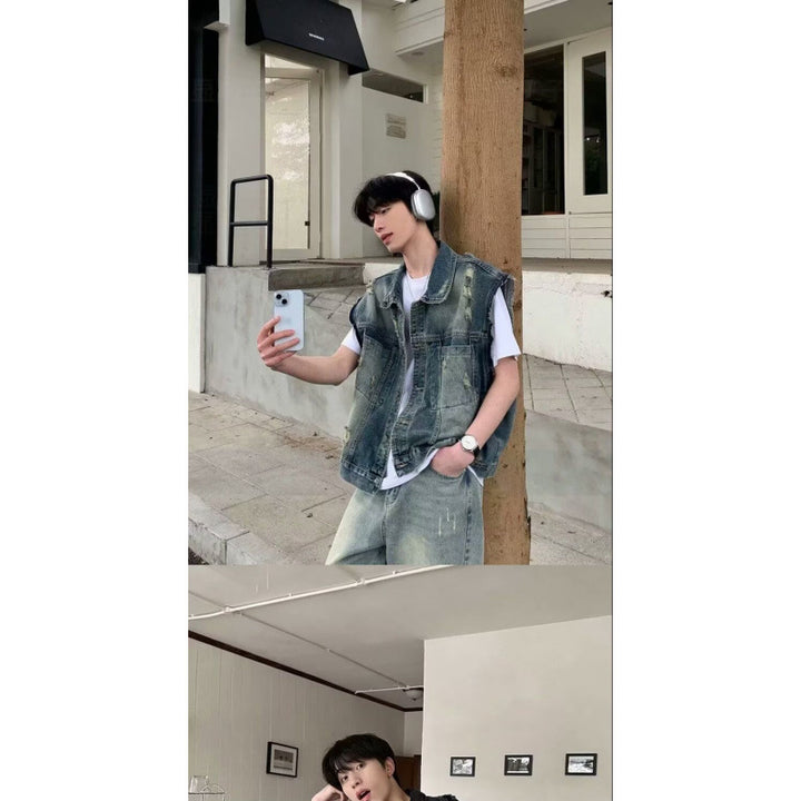 Men's denim vest in vintage used look with destroyed pockets and boxy fit Mune Fashion
