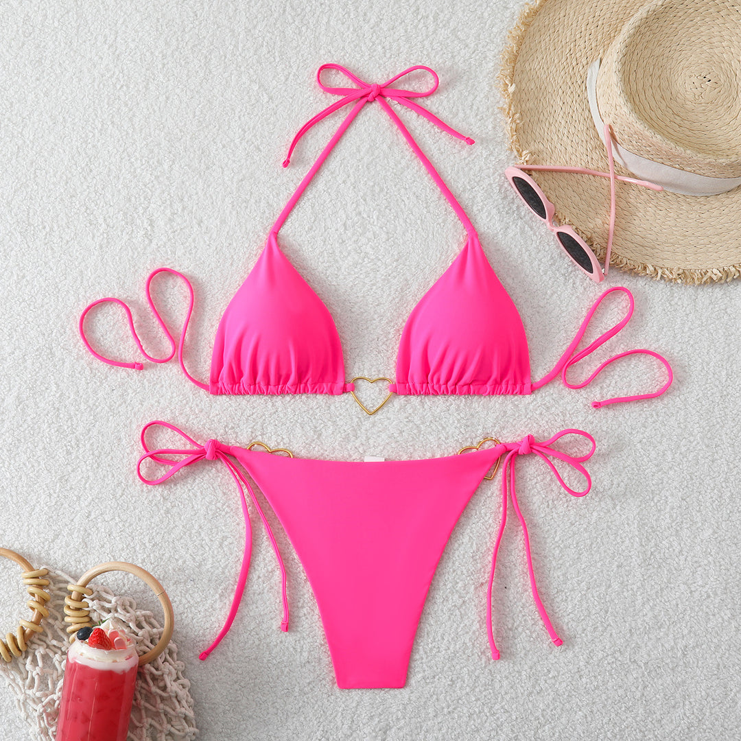 Women's Triangle Bikini Set with Playful Ribbons and Heart Appliqués Mune Fashion