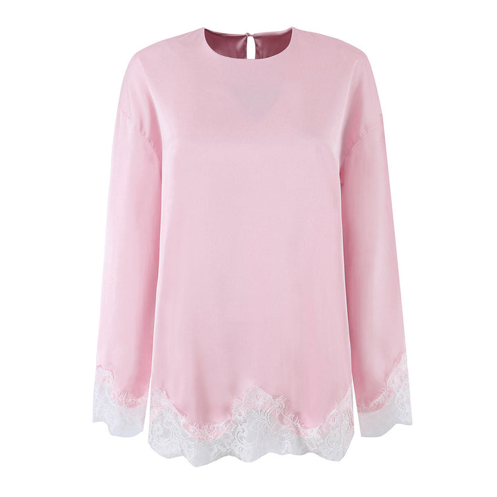 Ladies Elegant Loose Long Sleeve Blouse with Lace Trim at the Hem and Sleeves Mune Fashion