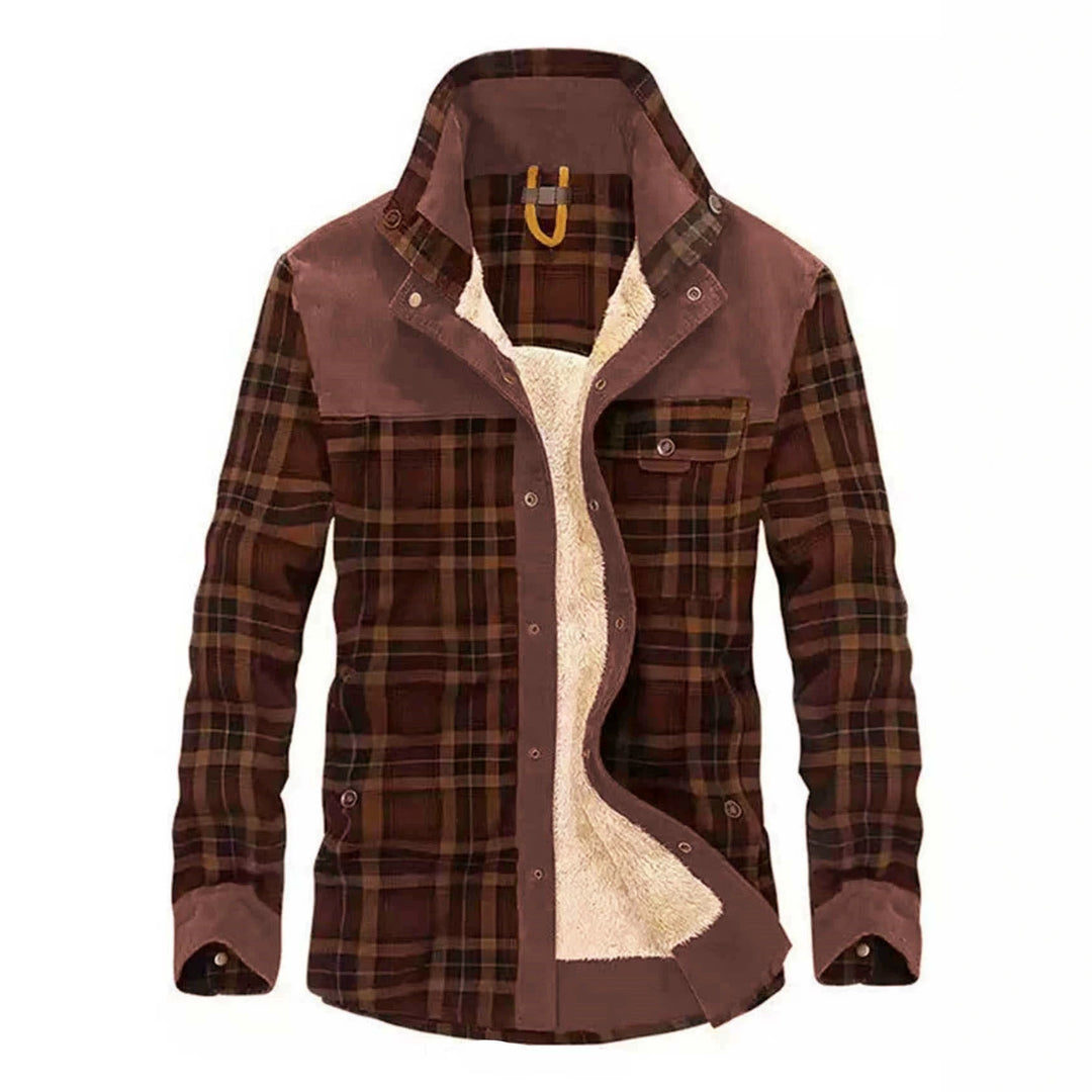Men's Checkered Shirt Jacket with Teddy Lining and Suede Imitation Trimming Mune Fashion